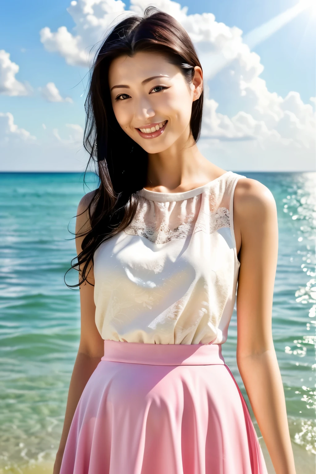 (Highest quality、masterpiece、8k、Best image quality、Hyperrealism、Award-winning works)、1 pregnant woman、(White shirt with elegant lace and frills:1.2)、(Light pink long flare skirt, transparent, Light berry pattern.:1.3)、(The most natural slight pregnancy bump:1.1)、Large Breasts、(Beautiful Hiroshi々とした滑らかな砂浜にStanding Elegantly:1.2)、(Beautiful and mysterious beach background:1.4)、Beautiful surf edge、(Beautiful sunny sky:1.1)、(Beautiful thunderclouds:1.1)、(Standing Elegantly:1.1)、Look at me with your best smile、Accurate anatomy、Perfect Makeup、Long eyelashes、Glossy Lips、Ultra HD glossy skin、(Ultra-high resolution, bright and beautiful skin:1.2)、(very bright and vivid:1.3)、超高精細のGlossy Lips、Ultra-high resolution beautiful teeth、(very bright and vivid:1.1)