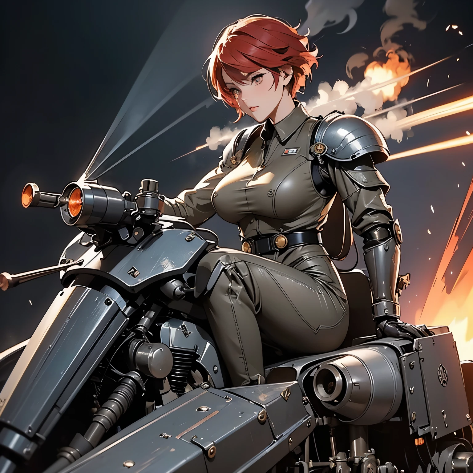 nsfw, anime screencap, 16K, perfect anatomy proportion body, perfect hands, action, A dynamic composition with a sense of speed and movement, (open cockpit, Ride a steam engine military bike:1.6), a wife, 40age, perfect beautiful delicate sexy face, perfect beautiful delicate slanted red eyes, red hair, swept bangs pixie cut, medium breasts, abs, Sophisticated chainmail-clad heavy armored robotic steam engine full armor powered suit, Many robot soldiers having a gunfight in the background, Flying bullets, Desert Battlefield, war, Post-apocalyptic,