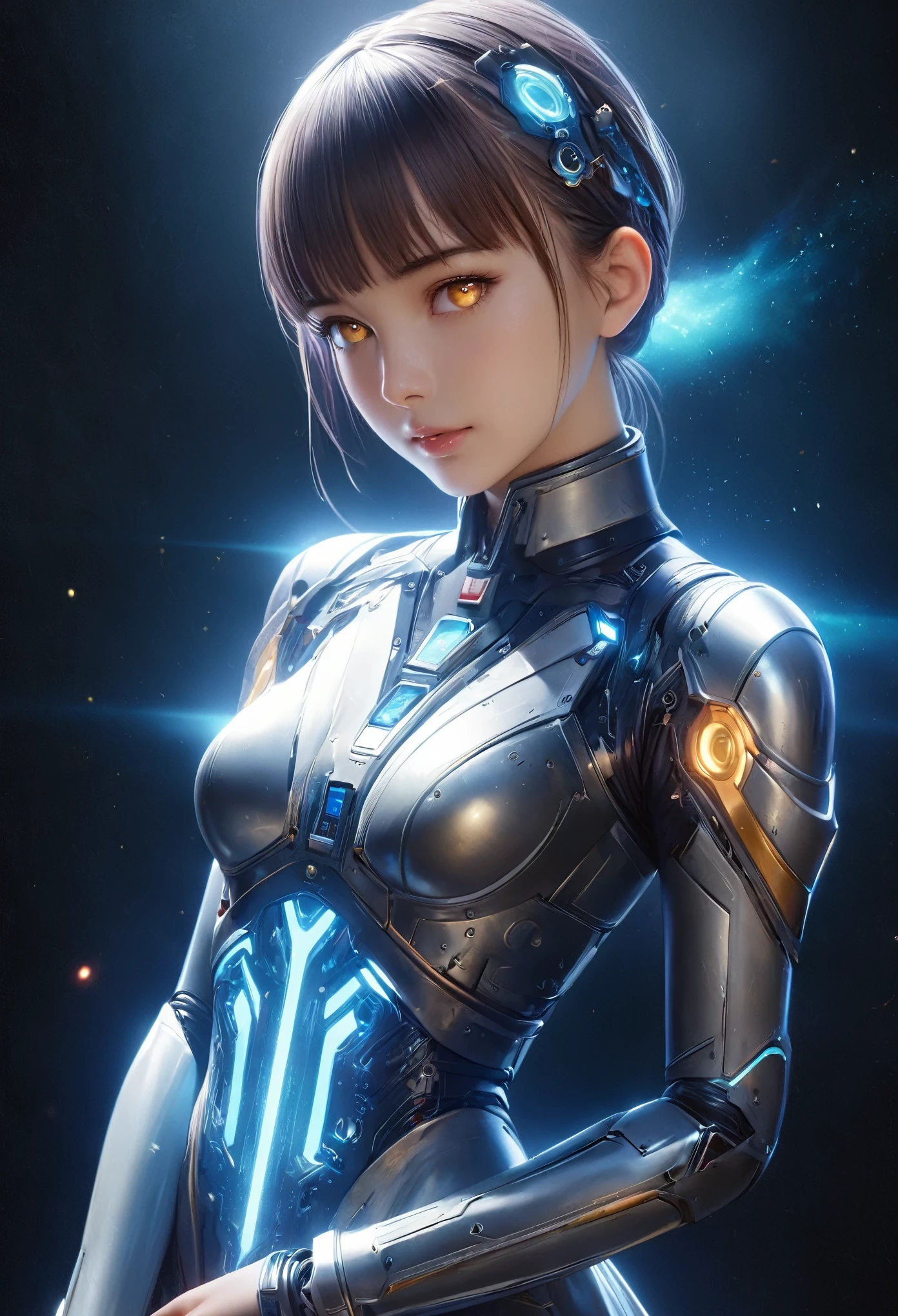 (Best Quality, 4K, 8K, High Resolution, Masterpiece: 1.2), (Super Detailed, Realistic, Photorealistic:1.37), A woman in futuristic clothing, Trending on cgstation, Trending on cgstation, (Portrait of a girl in the Knights of the Zodiac:1.4), blunt bangs, Cute Cyborg Girl, Perfect android girl, Portrait Astronaut Girl, Beautiful girl cyborg, Girl wearing black blue black mechanical cyber armor, Game CG, cgsociety and fenghua zhong, Beautiful Cyborg Shrine Maiden, Bioluminescence, Yua, (Golden eyes:1.5), Anatomically correct grip, (Sharp and long claws:1.4), erotic and sexy