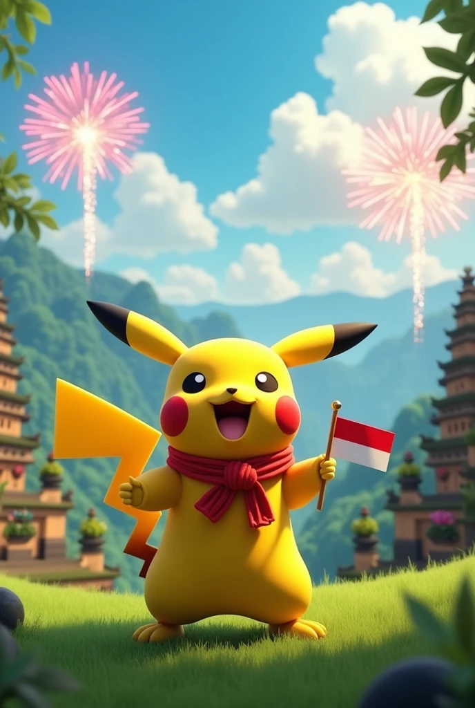 Pikachu, celebrating Indonesia independence day, 3D, Indonesia 79th independence day, bali background