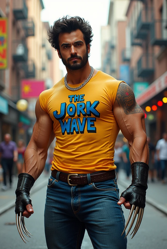 Young Sheldon But Hes steroid Shredded with a Diamond Chain and wolverine claws coming out of his hands he is also wearing a shirt that says The Jork Wave