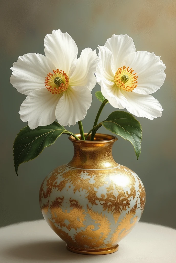 há duas White bloomers que estão em um vaso, realistic flower oil painting, gold flowers, Golden flowers, white and gold, elegant flowers, gold and white, elegant digital painting, flowers and gold, elegant and graceful, graceful and elegant, elegant and refined painting, exquisite detail, elegant oil painting, White bloomers, incredibly beautiful jar with gold paint, hyperrealistic art nouveau