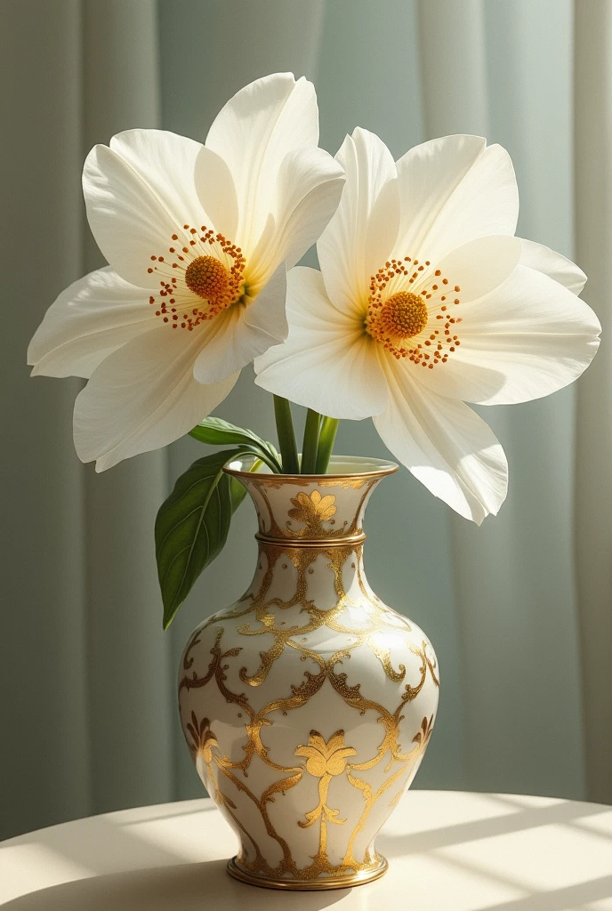 há duas White bloomers que estão em um vaso, realistic flower oil painting, gold flowers, Golden flowers, white and gold, elegant flowers, gold and white, elegant digital painting, flowers and gold, elegant and graceful, graceful and elegant, elegant and refined painting, exquisite detail, elegant oil painting, White bloomers, incredibly beautiful jar with gold paint, hyperrealistic art nouveau