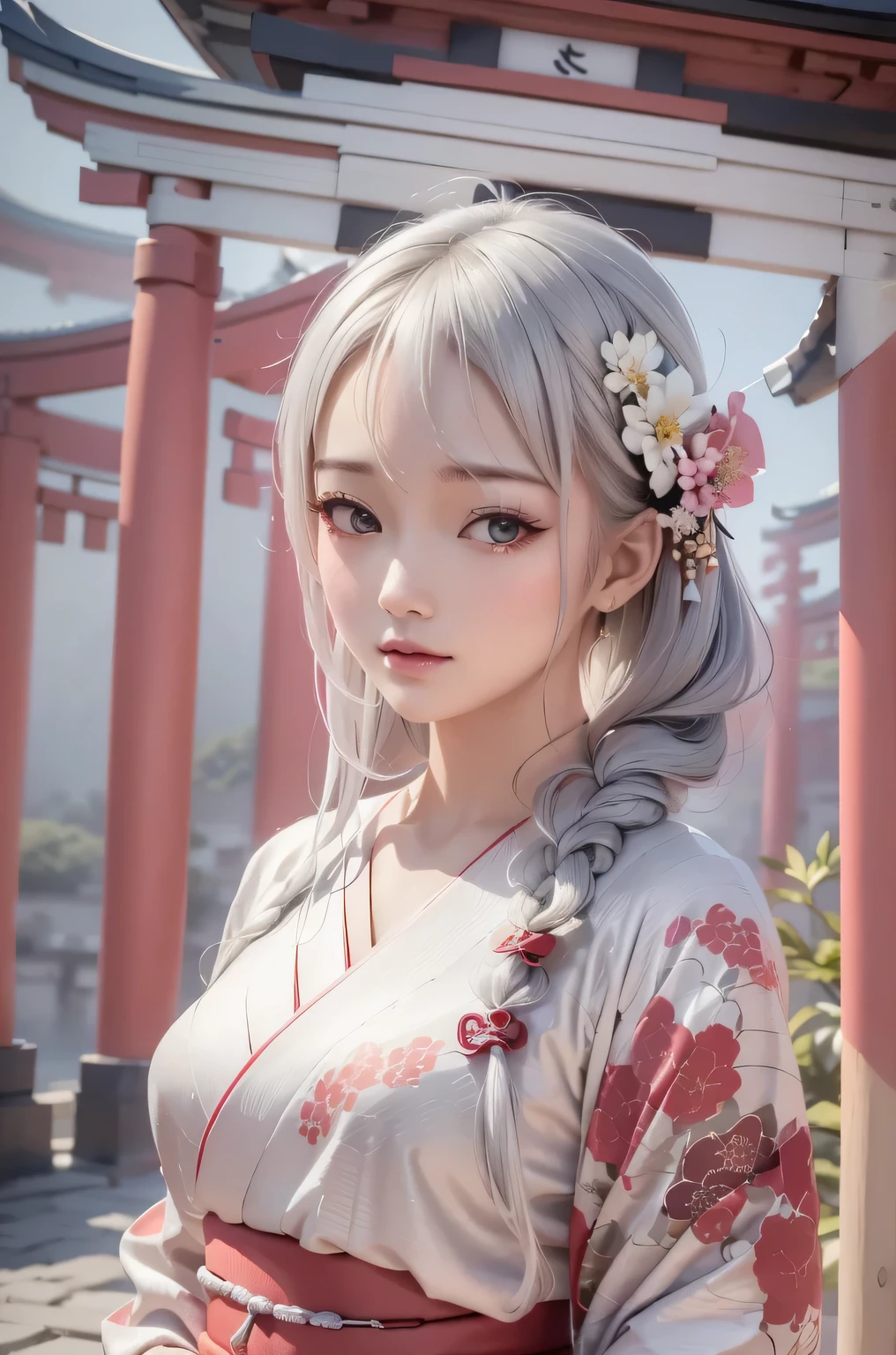 ((masterpiece:1.5,Highest quality,Beautiful images、Abstract、artistic、)(One person, solo)(Medium chest, Silver Hair、Long Hair、kimono, japanese cloth,Flower pattern kimono、Black and red kimono)(Profile portrait,Look at me sideways、Look at an angle、shake your head、Sad look, Floating Hair)(Gray background)((from the front:1.3)).face, style