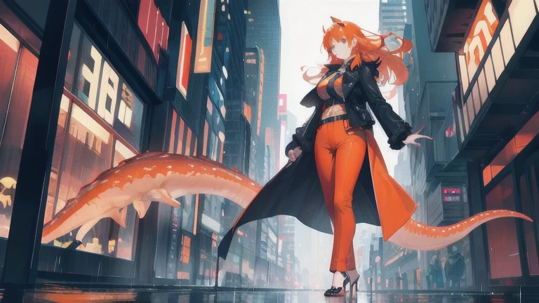 city at night, heavy rain, woman's feet in heels, backwards, pants, orange dinosaur tail, long orange hair, long coat, imposing