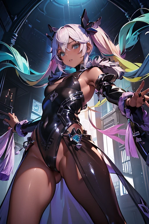 High resolution,Sharp focus,(Super detailed,Very detailed),(Very detailed CG unity 8k wallpaper),(((Vibrant colors))),{best illustration},
open arms, (from below), legs apart,
Iooikles,Platinum Blonde Hair,Twin tails, hair ornaments, (complete anatomy),
Complex eyes,Beautiful Eyes,Symmetrical eyes,Big eyes:1.5,Seductive eyes, (((dark skin,dark_skin,lustrous skin:1.5,bright skin: 1.5,
skin tanned, shiny skin,very shiny skin,Shiny body,plastic glitter,
skin,exaggerated shiny skin,illuminated skin))),Perfect Fingers,
(Detailed body),(Detailed face)), cute,Lewd,erotic,Bold,Camel Toe,
small breasts,Revealing clothing,show skin,
(((Sexy aqua fur coat, Aqua fur coat outfit, pelvic_curtain, see-through, ruanyi0033,