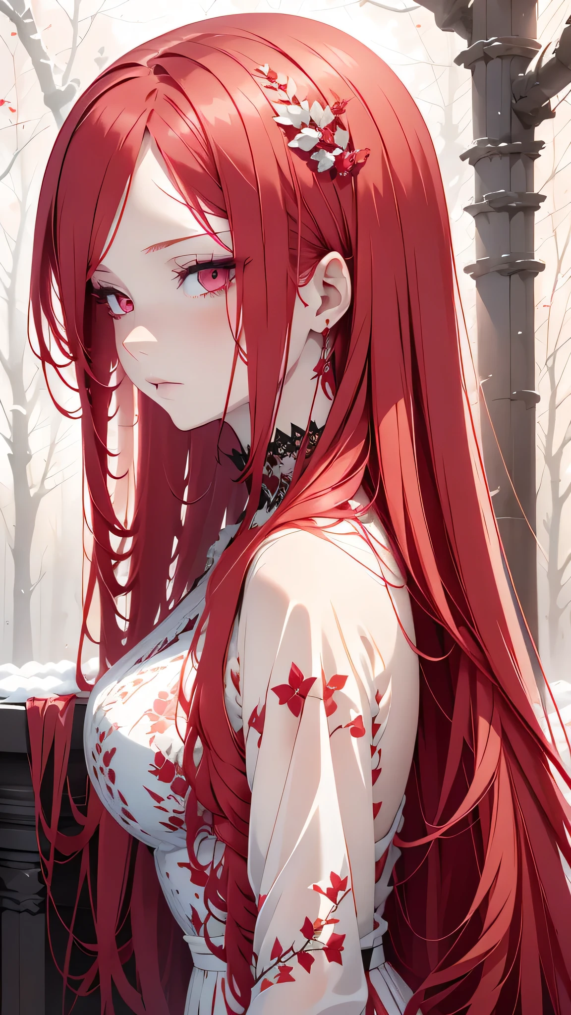 Detailed long pale red hair, Mysterious pale red dress, Detailed beautiful pink eyes, Detailed beautiful face, Fantastic watercolor painting, Beautiful profile, Detailed digital art, beautiful, beautiful women, Beautiful watercolor portrait, Detailed portrait, A fantastic landscape of snow and thorns,