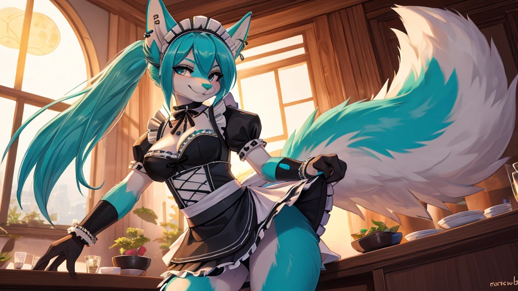 Miku Hatsune, add high definition_detail:1, blue fur,kitsune ears, tribal tattoo add_detail:1, posing during a full moon showing off her beautiful figure and her outfit. (Maid lingerie, maid mini skirt)sweaty body add_details:1, smiling add_detailsl:1, ear piercing add_detail:1, in a coffeshop, fullbody view add_detail, posando para llamar la atencion