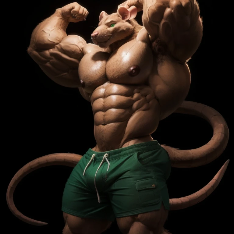 furry growth, hyper growth, hyper muscles,, a rat, cute, brown rat, shirtless, dark green shorts, muscular, on a black background,