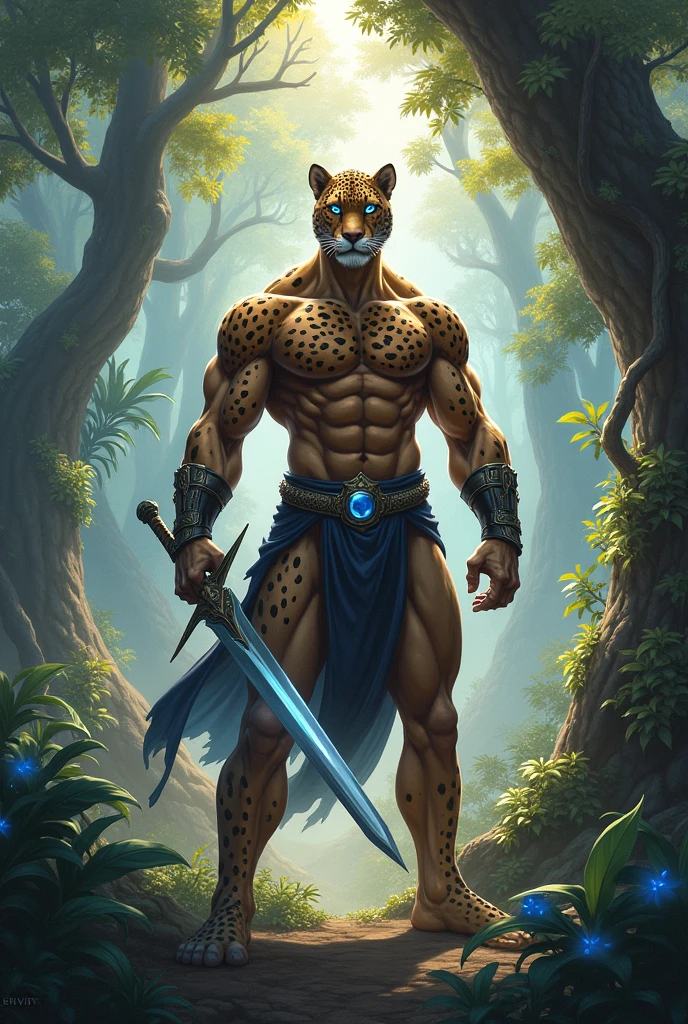 Muscular half human half leopard man mythical soldier blue eyes stunning light shining