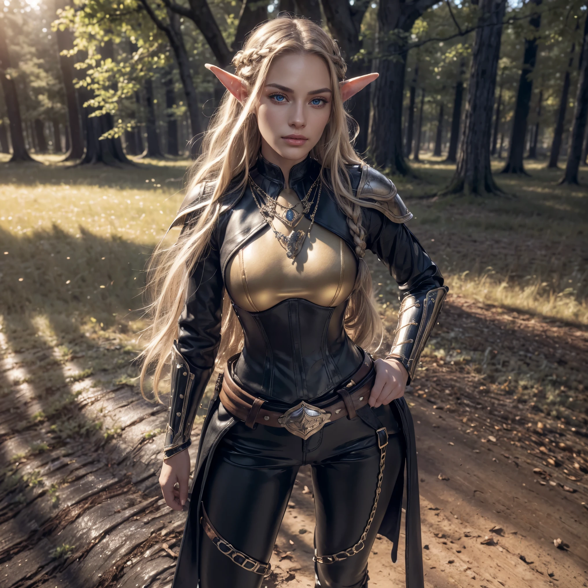 (Best Quality), (ultra-detailliert), (master piece), (hight resolution), (Original), (the Extremely Detailed CG Unity 8K Wallpapers), [:(Face detail: 1.4): 0.4], 16K resolution, 1 girl, 18 years young, medieval setting, (elven featured face, beautiful light blue eyes, long blond hair), (black leather armor, black leather pants, braided leather, elven design), arrogant facial expression, conceited, confident, decadent (oak forest, giant oak tree, detailed forest in background, sunset background, bright lights, brightly lit), skintight armor, wearing golden necklace, beautiful golden braclets, knik hips, slim waist, slim body, wears wide hip belt with golden buckle, hip belt is adjusted too tightly, hip belt cuts into waist, looks at camera, close up portrait, view from above