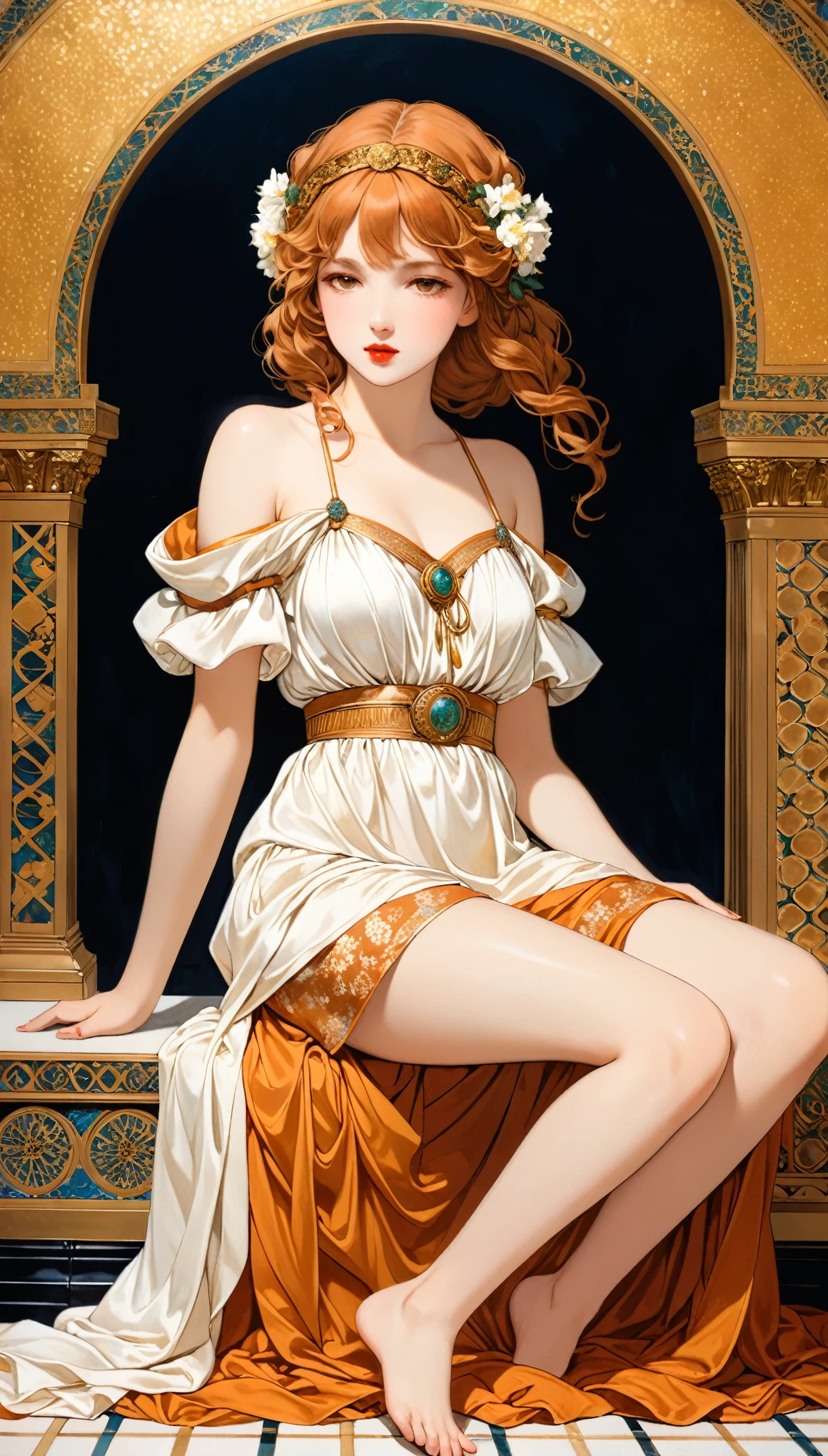 in style of Albert Joseph Moore
(1girl,character conceptual design),gravure_pose,knees_to_chest,sitting_backwards,lipstick