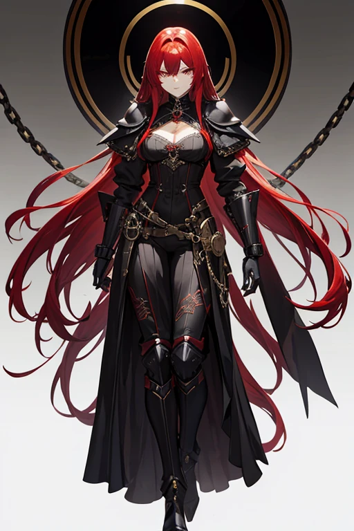 Long red haired woman dressed in black steampunk style clothing with exoskeleton armor with chains, black jester mask, full body looking at viewer with white background.