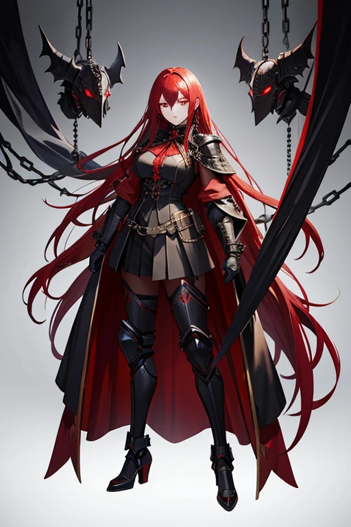 Long red haired woman dressed in black steampunk style clothing with exoskeleton armor with chains, black jester mask, full body looking at viewer with white background.