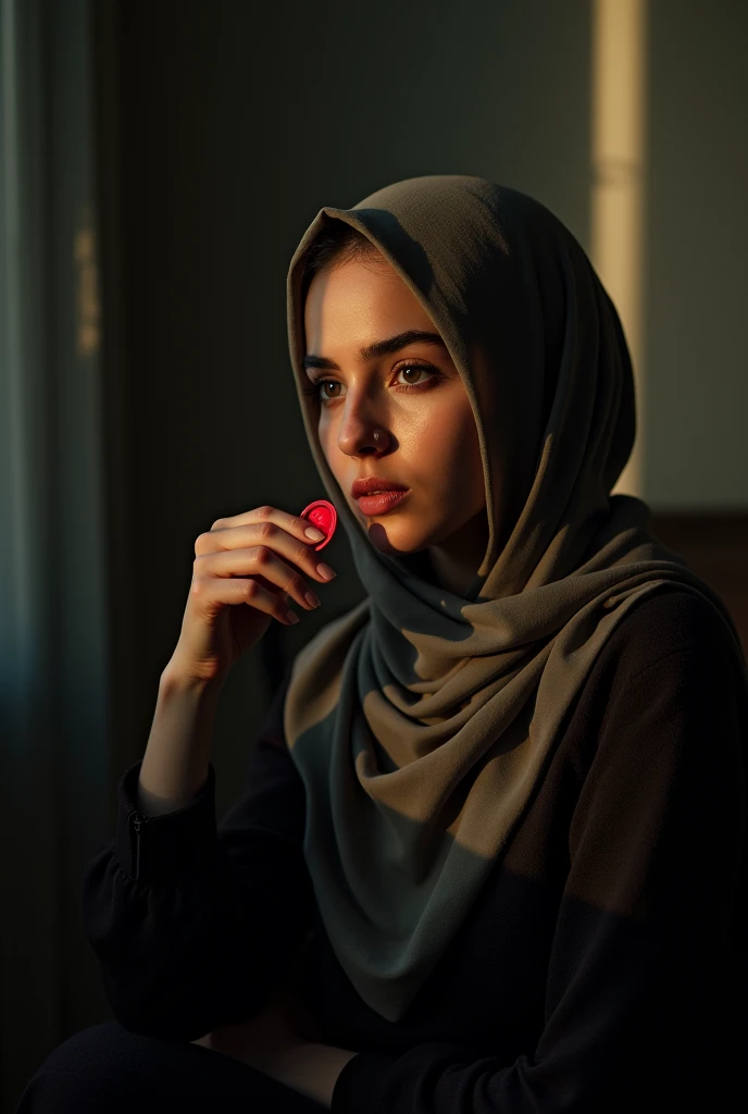 A hijab girl in the dark light room and her hand a condom