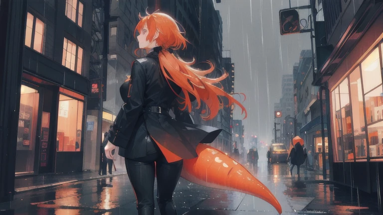city at night, rain, 1 woman with her back to the viewer, high black pants, orange dinosaur tail, long orange hair, long coat, imposing