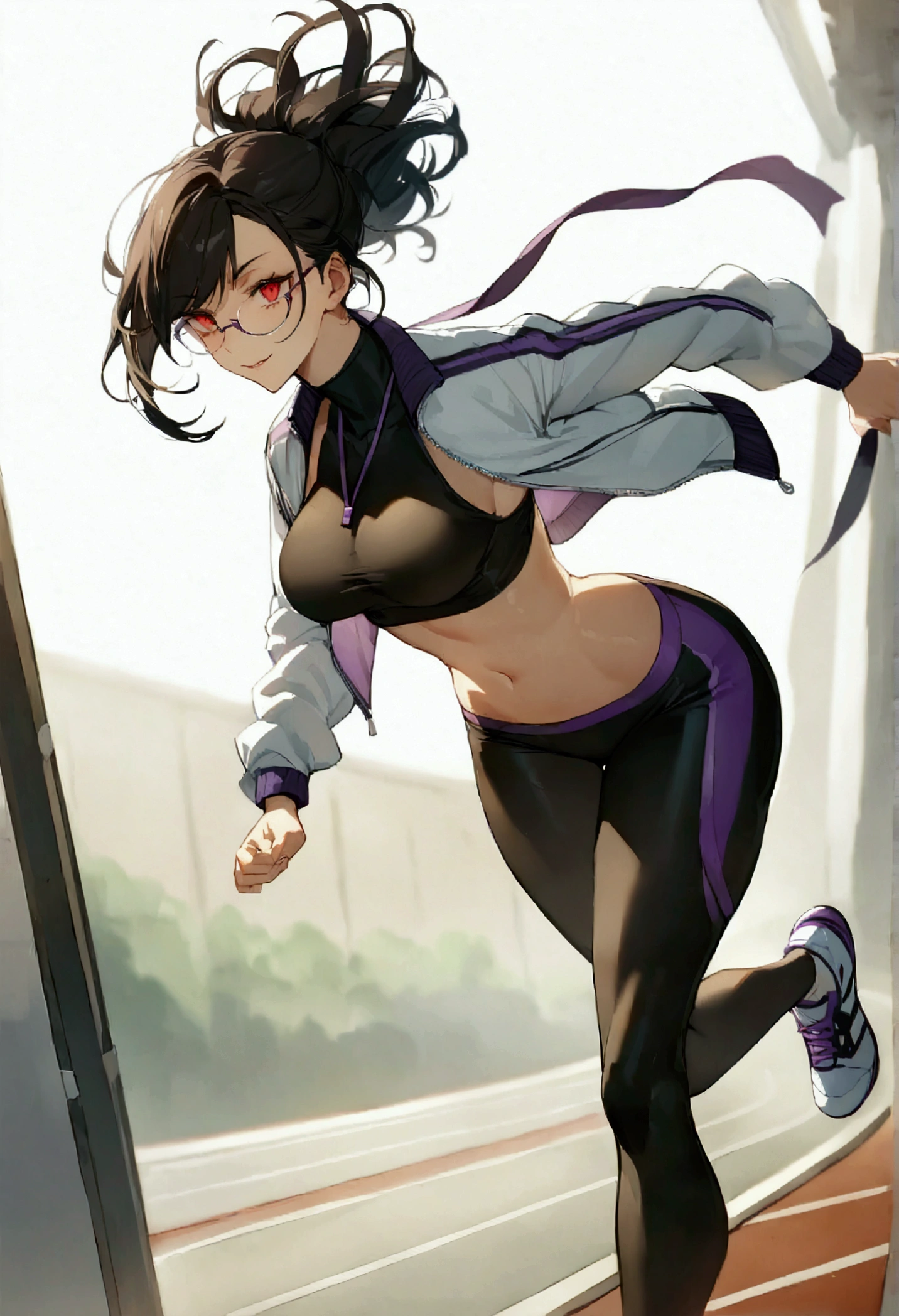 standing,going,sprinting,alone, short hair running track,work of art,face detailed,beautiful young fitness woman with , in a gym wearing May with black pantyhose, white and purple tight short gym jacket. standing alone,red eyes glowing,Evil smile,legging preto ,labiaa,dark eye shadow,shining eyes,neckleace,jacket zipper half open,Tight black shirt,white sports tennis shoes,short hair with purple details,beautiful curves,whole body,hair with purple details,labiaa,detailed face and eyes,work of art,sexy look,pefil from sideways,from sideways,wind in your hair,fully body,glasses on eyes