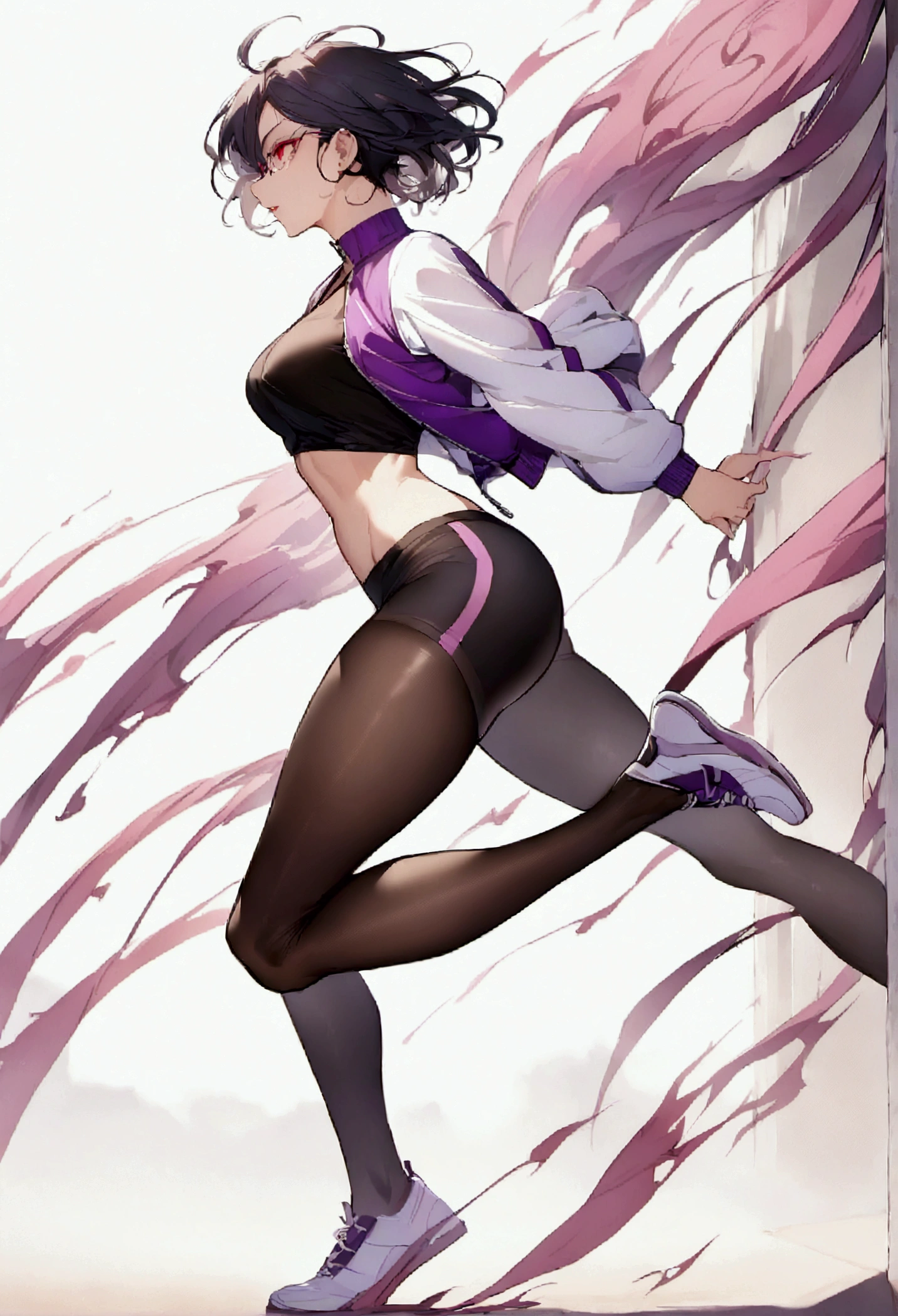 standing,going,sprinting,alone, short hair running track,work of art,face detailed,beautiful young fitness woman with , in a gym wearing May with black pantyhose, white and purple tight short gym jacket. standing alone,red eyes glowing,Evil smile,legging preto ,labiaa,dark eye shadow,shining eyes,neckleace,jacket zipper half open,Tight black shirt,white sports tennis shoes,short hair with purple details,beautiful curves,whole body,hair with purple details,labiaa,detailed face and eyes,work of art,sexy look,pefil from sideways,from sideways,wind in your hair,fully body,glasses on eyes
