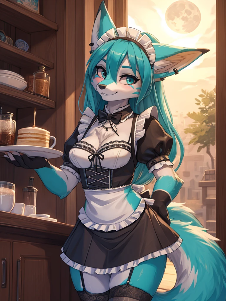 Miku Hatsune, add high definition_detail:1, blue fur,kitsune ears, tribal tattoo add_detail:1, posing during a full moon showing off her beautiful figure and her outfit. (Maid lingerie, maid mini skirt)sweaty body add_details:1, smiling add_detailsl:1, ear piercing add_detail:1, in a coffeshop, chapetes sonrojada, sonrojada de vergüenza, cara avergonzada add_detail
