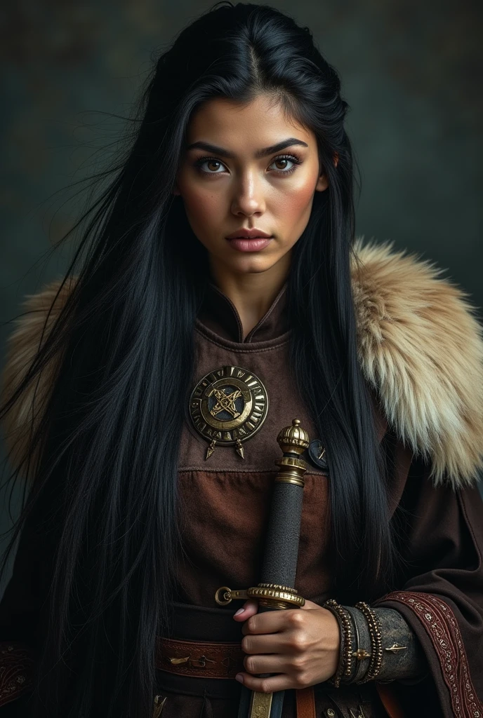 A sexy, fierce Mongolian warrior girl, long dark hair, intense eyes, detailed facial features, intricate leather and fur armor, holding a traditional Mongolian sword, dramatic lighting, cinematic high-quality 8K rendering, hyper-realistic, beautiful portrait, dramatic chiaroscuro lighting, moody color palette, fantasy art style