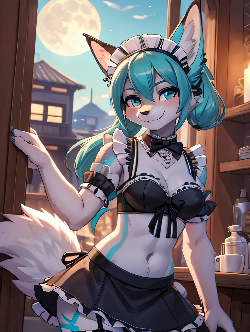 Miku Hatsune, add high definition_detail:1, blue fur,kitsune ears, tribal tattoo add_detail:1, posing during a full moon showing off her beautiful figure and her outfit. (Maid lingerie, maid mini skirt)sweaty body add_details:1, smiling add_detailsl:1, ear piercing add_detail:1, in a coffeshop, chapetes sonrojada, sonrojada de vergüenza