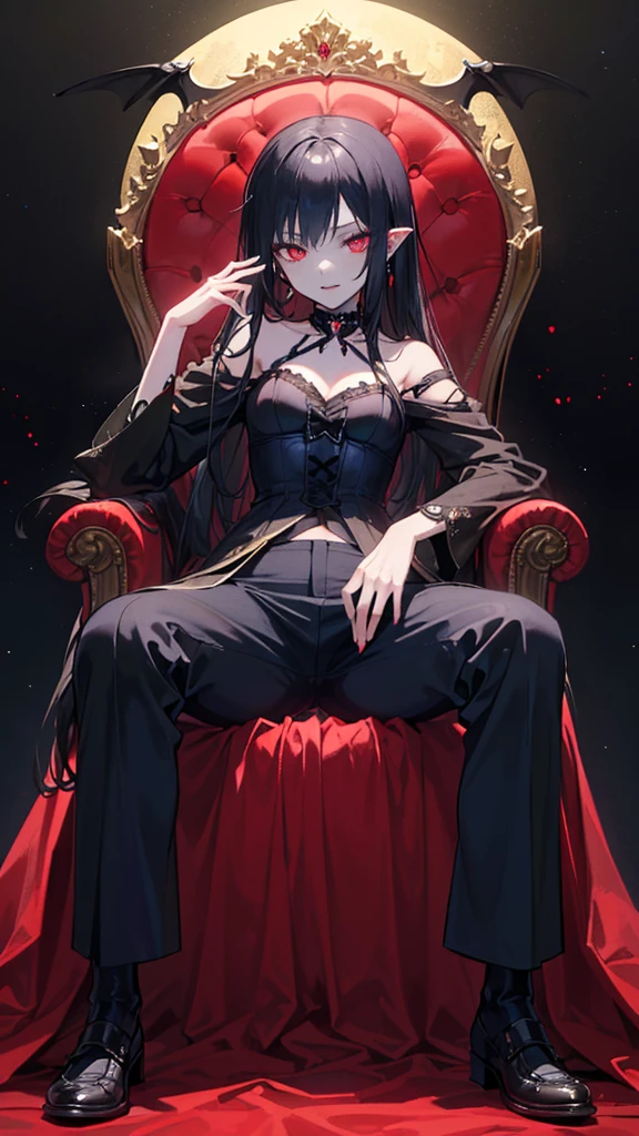 ((True best masterpiece, Ultimately perfect quality, Extremely delicate details)), ((Vampire, Evil, Nightmare, Insanity, Crazy, Horror)), ((In the darkness, Midnight, Gloom)), A vampire girl, With black hair, With glowing red eyes, With flat bust, Wearing a pants, Sitting on the throne, King, Queen, Lord, Noble, Loyalty, Arrogant, Blue concept