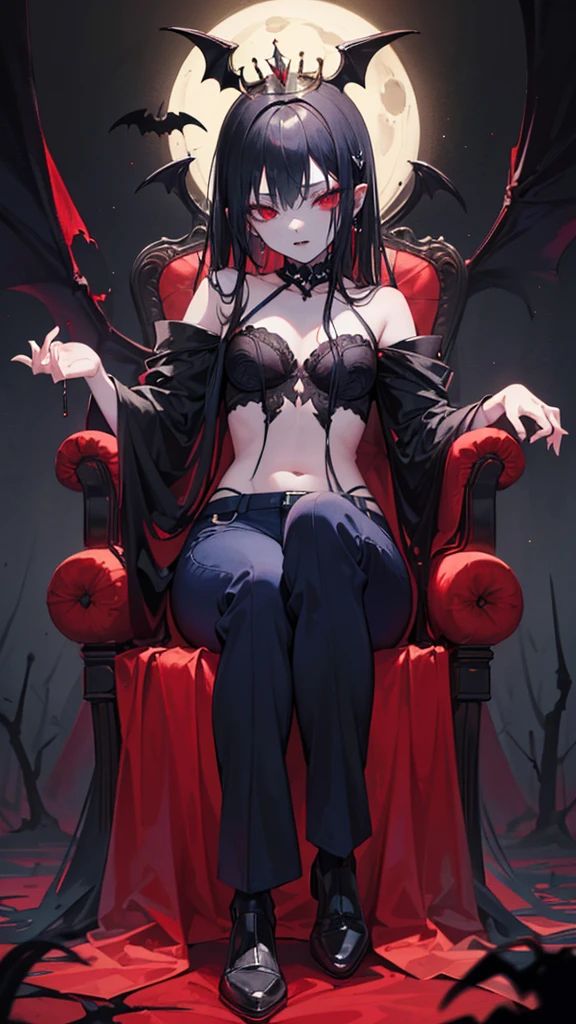 ((True best masterpiece, Ultimately perfect quality, Extremely delicate details)), ((Vampire, Evil, Nightmare, Insanity, Crazy, Horror)), ((In the darkness, Midnight, Gloom)), A vampire girl, With black hair, With glowing red eyes, With flat bust, Wearing a pants, Sitting on the throne, King, Queen, Lord, Noble, Loyalty, Arrogant, Blue concept