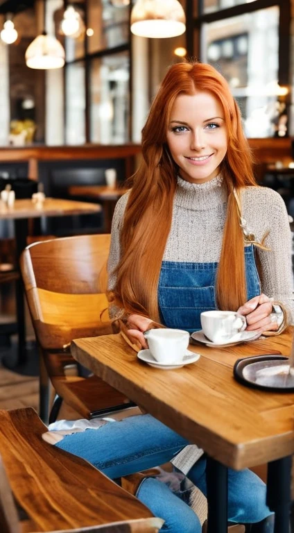 Beautiful woman in a cafe sitting at a table, Redhead with long blonde hair.