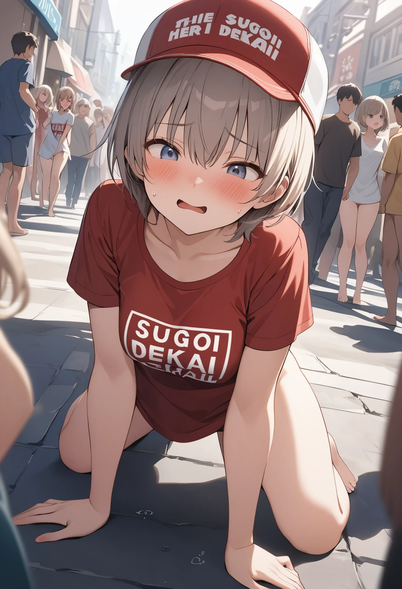 Long shot,ground shot, ground shot, front angle, glowing skin, beautiful girl, high quality, masterpiece,break, Hana,uzaki hana, T-shirt,writting,T-shirt that says "Sugoi Dekai",beautiful girl's face, (very beautiful girl's face, wink,blushing face),young,(No panties, no bra, they're thrown on the ground)nude,long robe,which hat,break,lie face down,doggystyle, All fours,arched back,emphasizing cleavage,bottomless, sitting, spread legs,sweating, pussy wetting,break,shopping street in the daytime, (Surrounded by a crowd, the crowd looks at her with surprised expressions)