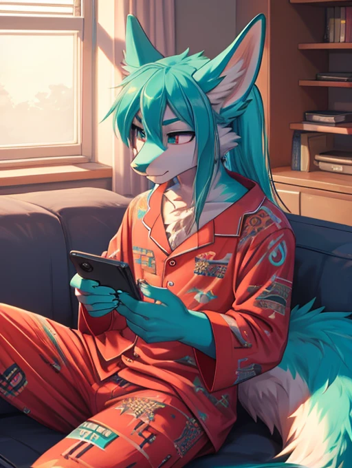 Miku Hatsune, add high definition_detail:1, blue fur,kitsune ears, tribal tattoo add_detail:1, sitting on a couch, checking his cell phone in his pajamas