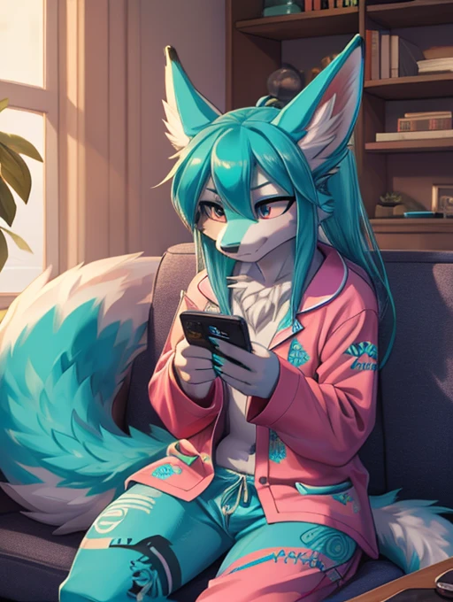 Miku Hatsune, add high definition_detail:1, blue fur,kitsune ears, tribal tattoo add_detail:1, sitting on a couch, checking his cell phone in his pajamas