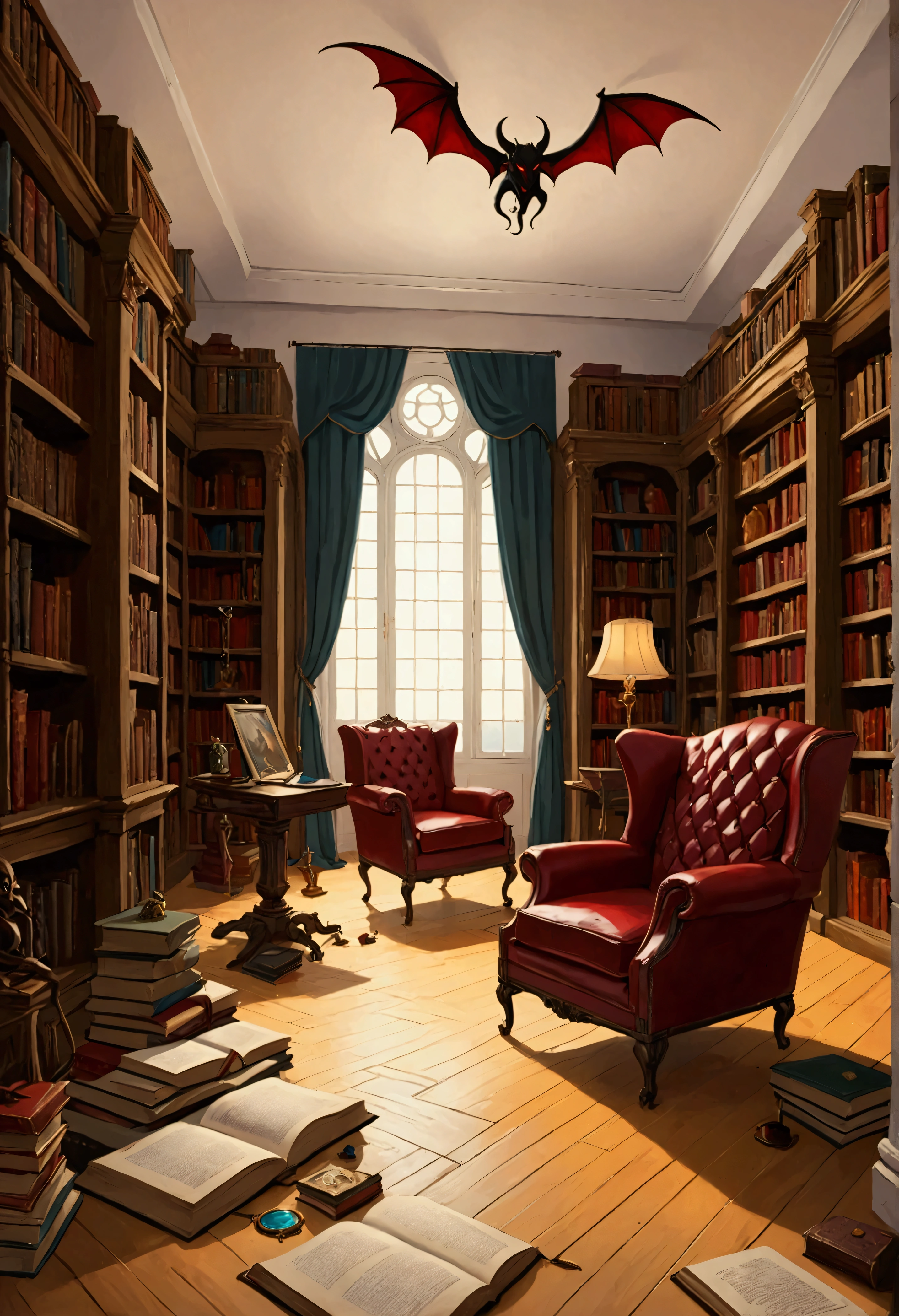 Doctor Faustus library room study, white walls, many books all over the floor, books indtead of chair, ((best quality)), ((masterpiece)), (detailed), many bookcases, the evil, the bad guy, wants to know all the secrets of the universe but sell is soll to the devil (women), lanscape, resolution 4000x4000,