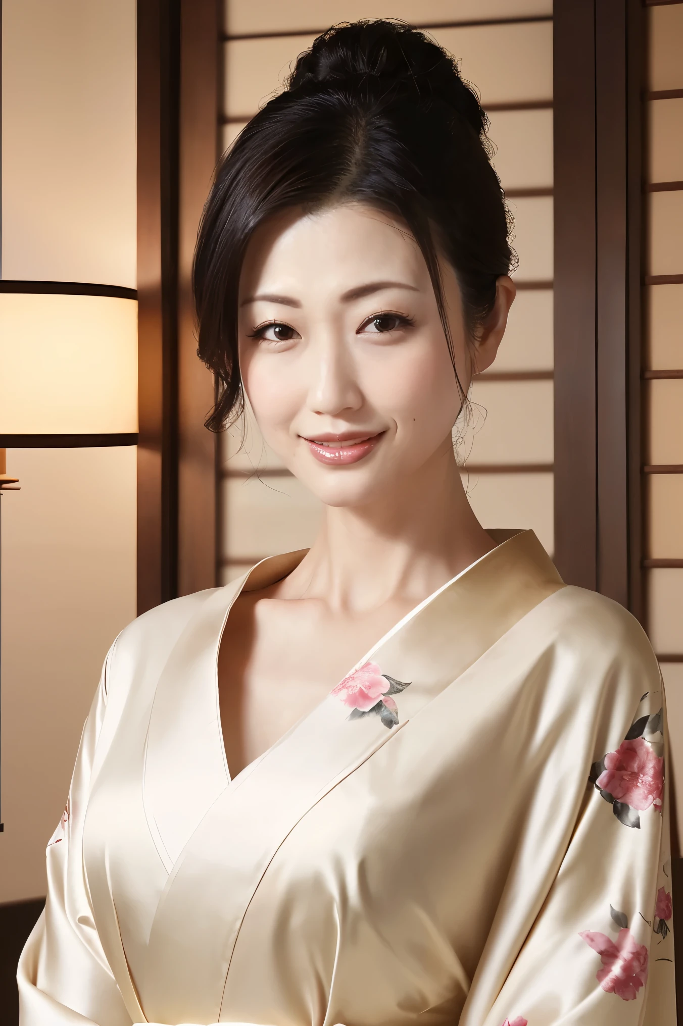 (Highest quality、Tabletop、8k、Best image quality、Award-winning works)、(One beautiful mature woman:1.1)、Adult face、(Innkeeper:1.1)、(Elegant floral kimono:1.2)、(V-neck collar:1.1)、(Cleavageが露わになる:1.2)、(Kimono that shows the chest:1.2)、(Cleavage:1.2)、(Open the chest:1.2)、(Large Breasts:1.2)、(Large Breastsの谷間を露出する:1.2)、Perfect mature woman portrait photo、Glowing Skin、Standing Elegantly、(Blurred elegant and exquisite perfect Japanese style room background:1.3)、(The most natural and perfect tidy Japanese style room background:1.2)、Glowing White Skin、Very white skin、(Accentuate your body lines:1.1)、(The most graceful posture:1.2)、(Gazing at me with a bored expression:1.2)、Perfect beautiful glossy lips、(Accurate anatomy:1.1)、(A perfect and elegant outfit:1.1)、(Standing with good posture:1.1)、(Face close-up:1.3)、(Front facing body:1.2)、(Chignon:1.1)