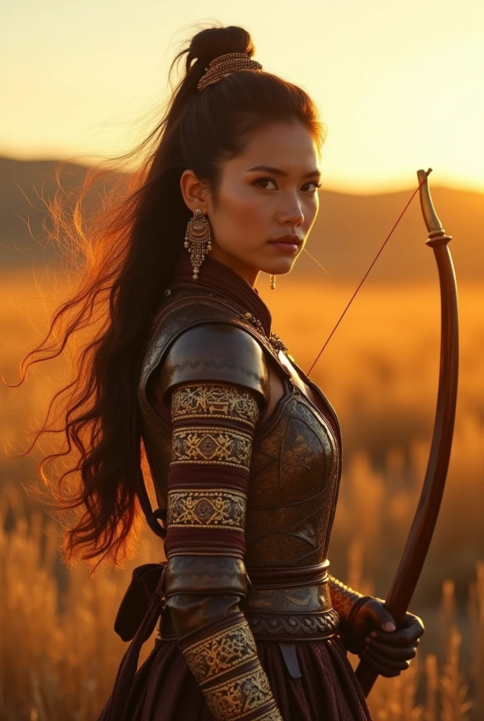 A sexy Mongolian steppe warrior girl, intricate detailed armor, fur cloak, beautiful detailed eyes, beautiful detailed lips, extremely detailed face and skin, flowing wavy hair, strong powerful posture, holding a traditional Mongolian recurve bow, vast grassy steppe landscape background, golden hour lighting, dramatic lighting, vibrant colors, cinematic composition, photorealistic, (best quality,8k,highres,masterpiece:1.2),ultra-detailed,(realistic,photorealistic,photo-realistic:1.37),cinematic,dramatic,concept art style