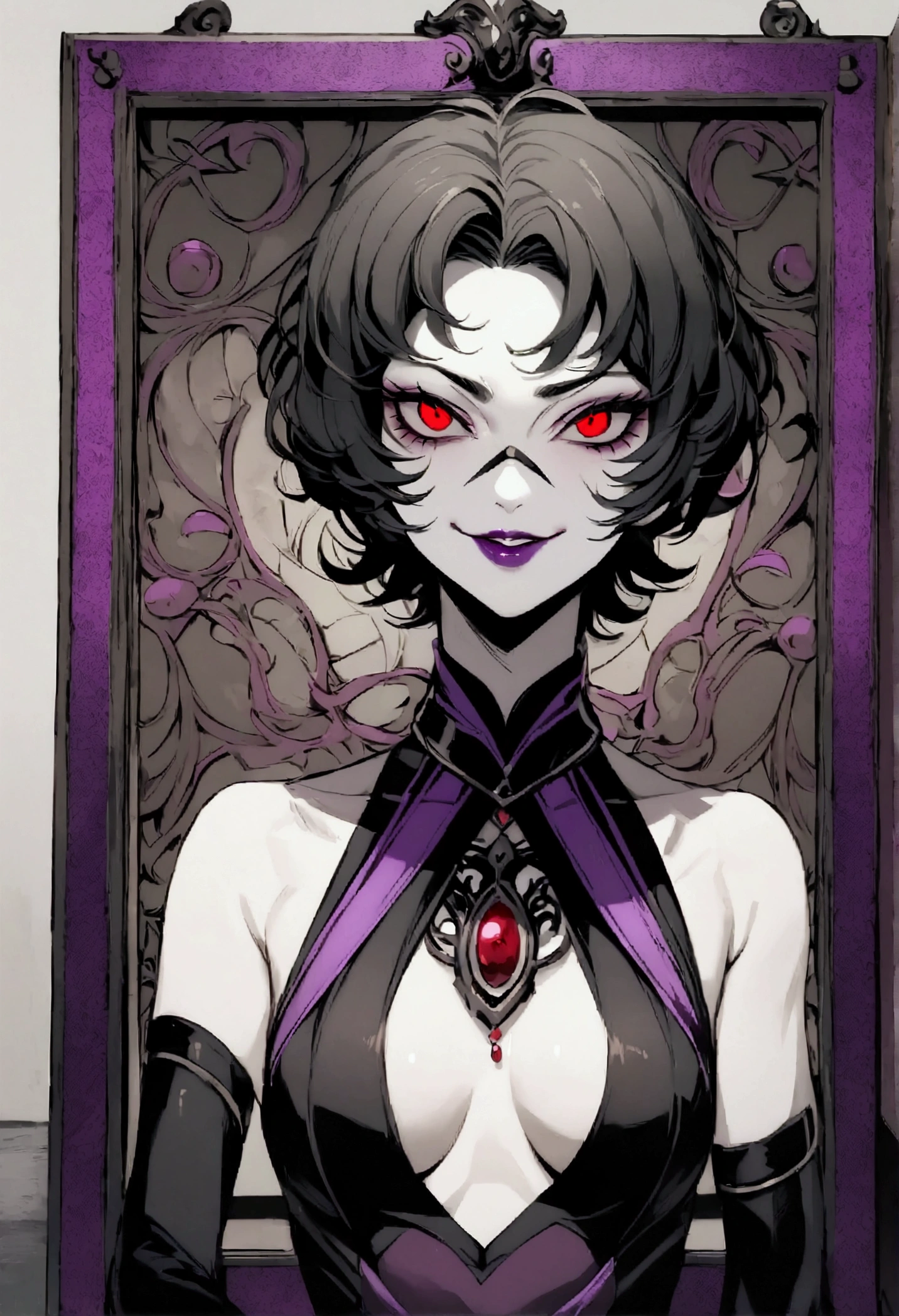 short hair,work of art,face detailed,young fitness linda ,young woman,The eyes,Eyes red,evil smile,black pantyhouse,stocking black,bra ,hair with purple details