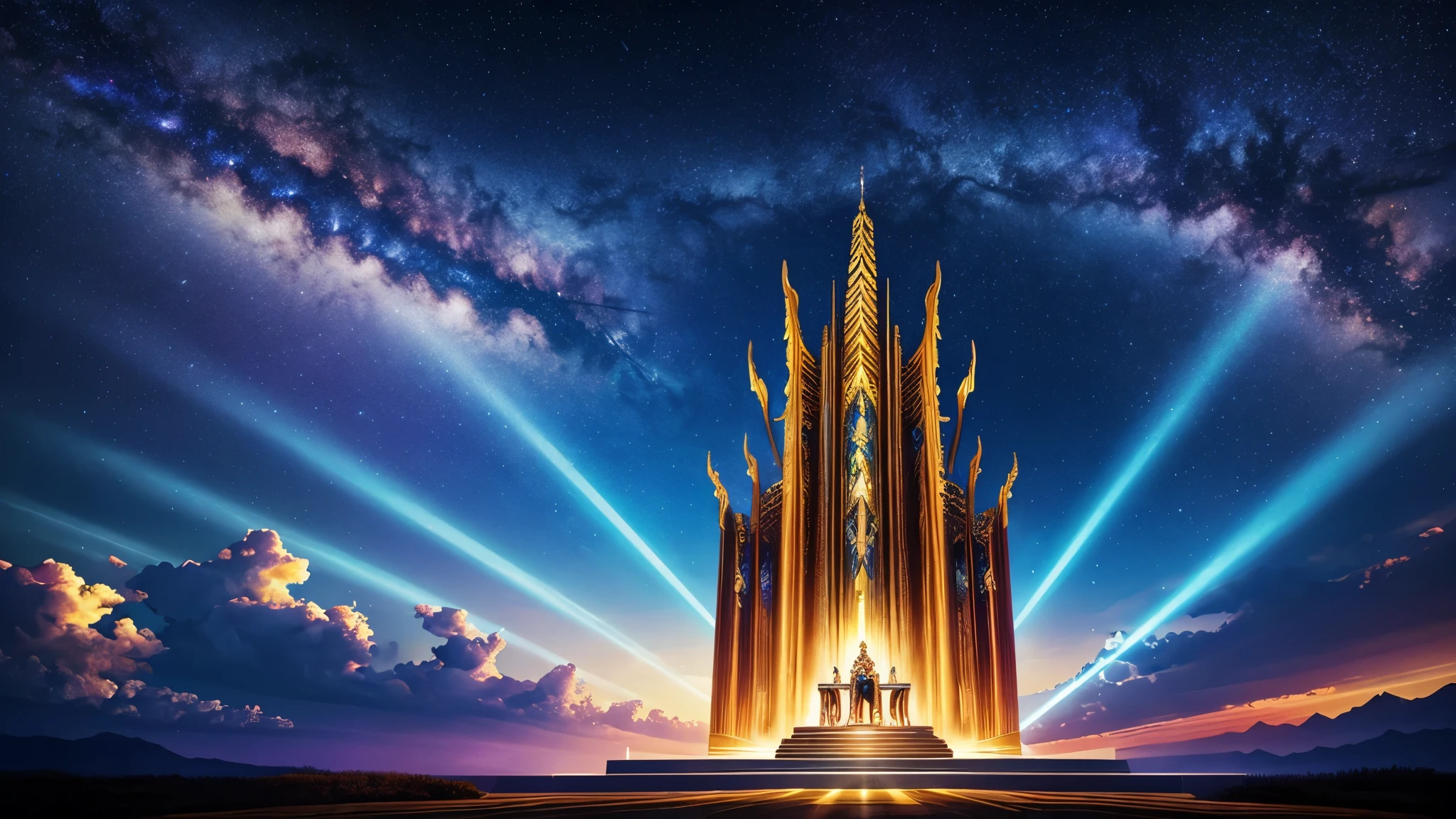A majestic open sky with beams of divine light descending upon Yu's throne, The large. The image exudes a feeling of celestial power bestowed, with celestial figures watching from above. Rendered in a grand and ethereal style, with intricate details and vibrant colors.