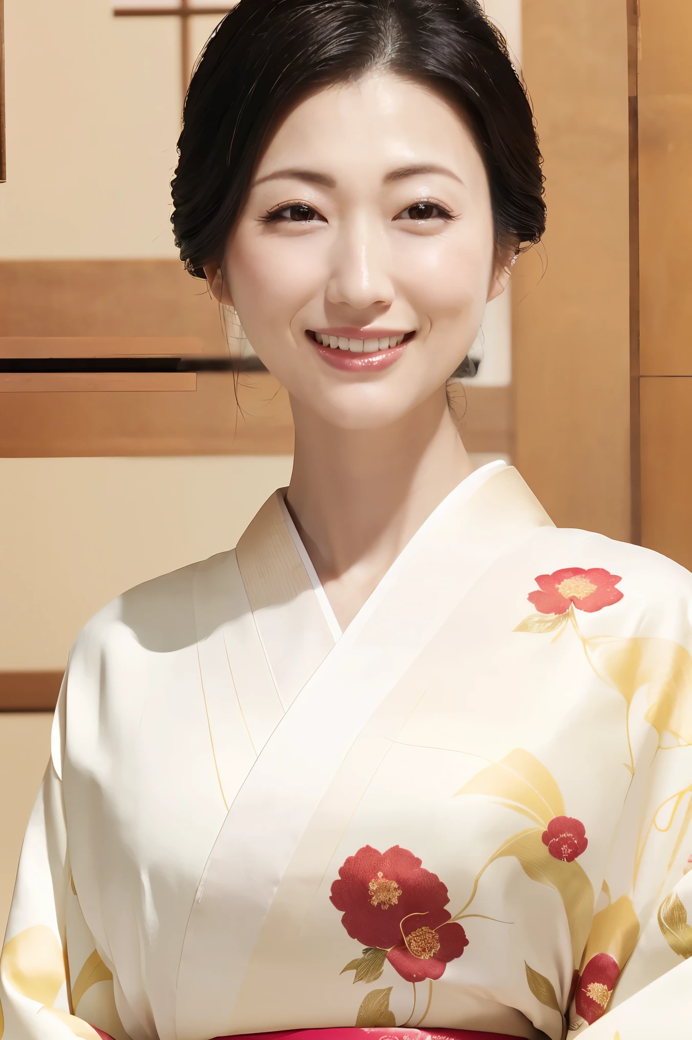 (Highest quality、Tabletop、8k、Best image quality、Award-winning works)、(One beautiful mature woman:1.1)、Adult face、(Innkeeper:1.1)、(Elegant floral kimono:1.2)、(Perfect kimono:1.3)、(Large Breasts:1.2)、Perfect mature woman portrait photo、Glowing Skin、Standing Elegantly、(Blurred elegant and exquisite perfect Japanese style room background:1.3)、(The most natural and perfect tidy Japanese style room background:1.2)、Glowing White Skin、Very white skin、(Accentuate your body lines:1.1)、(The most graceful posture:1.2)、(The biggest smile looking at me:1.2)、Perfect beautiful glossy lips、(Accurate anatomy:1.1)、(A perfect and elegant outfit:1.1)、(Standing with good posture:1.1)、(Face close-up:1.3)、(Front facing body:1.2)、(Chignon:1.1)