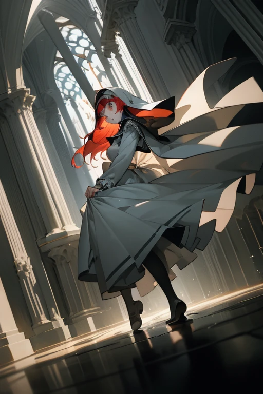 A nun with red hair and green eyes clad in gray clothes stands frightened in the cathedral, her semi-transparent habit revealing delicate outlines. her thin glossy lips quiver in fear as her detailed eyes express a deep sense of disturbance. The multiple angles of this 1.2 full body photo show her wavering figure, one angle highlighting her scared face with a trembling chin, another revealing the intricate design of her habit, and yet another capturing the detailed expression of her terrified gaze. The play of light and shadow in the cathedral accentuates her thin frame and the transparency of her clothes, adding to the eerie and suspenseful atmosphere. The photo is of the highest quality