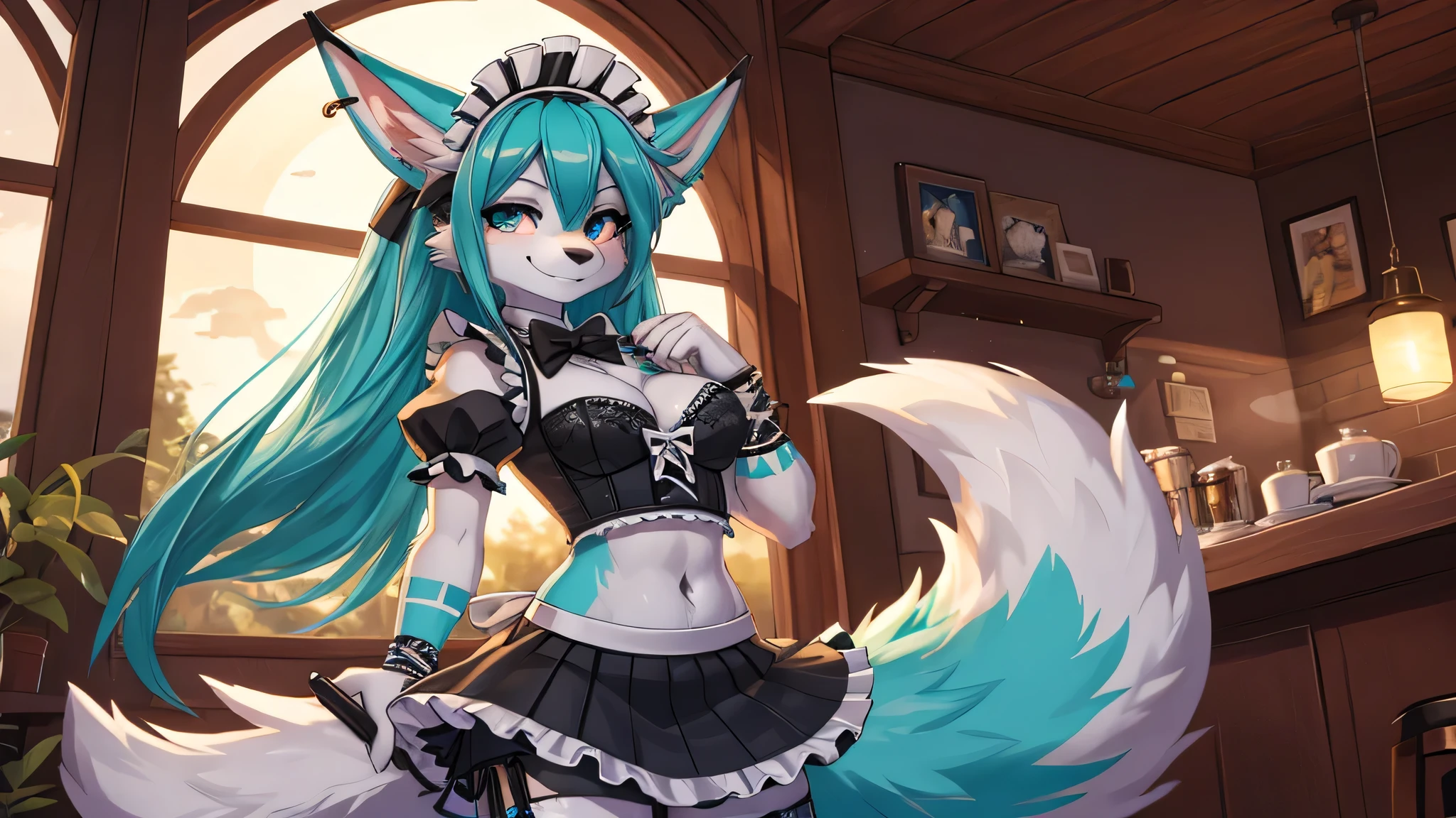 Miku Hatsune, add high definition_detail:1, blue fur,kitsune ears, tribal tattoo add_detail:1, posing during a full moon showing off her beautiful figure and her outfit. (Maid lingerie, maid mini skirt)sweaty body add_details:1, smiling add_detailsl:1, ear piercing add_detail:1, in a coffeshop, fullbody view add_detail, posando para llamar la atencion