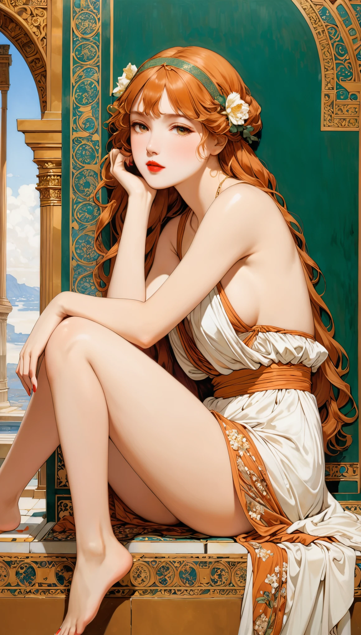 in style of Albert Joseph Moore
(1girl,character conceptual design),gravure_pose,knees_to_chest,sitting_backwards,lipstick