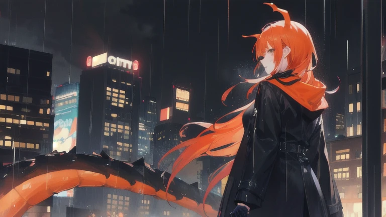 city at night, rain, 1 woman with her back to the viewer, high black pants, orange dinosaur tail, long orange hair, long black coat, mafia