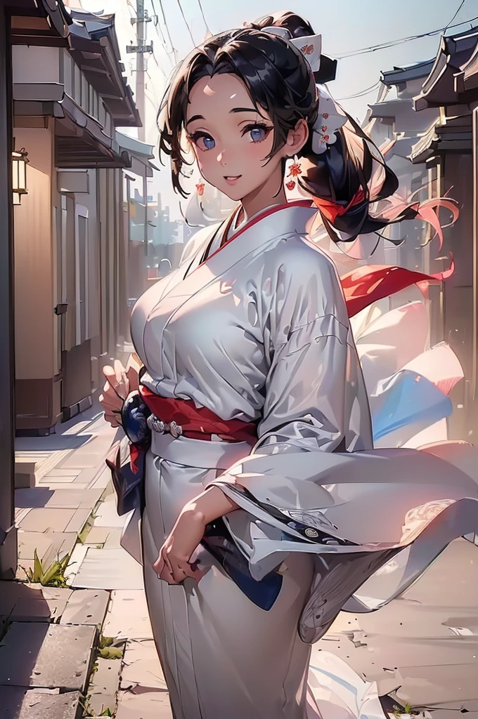 ((((High resolution, Intricate details, masterpiece, 8k)))), (((beautiful, kimono, Cape, Shape of Light))), ((One Woman, full body, Smiling)), (Black Hair, Forehead, Long Hair, ponytail, slender, Glowing Skin), from front, looking at viewer, look at viewer, outside, noon, Wind, blue sky,