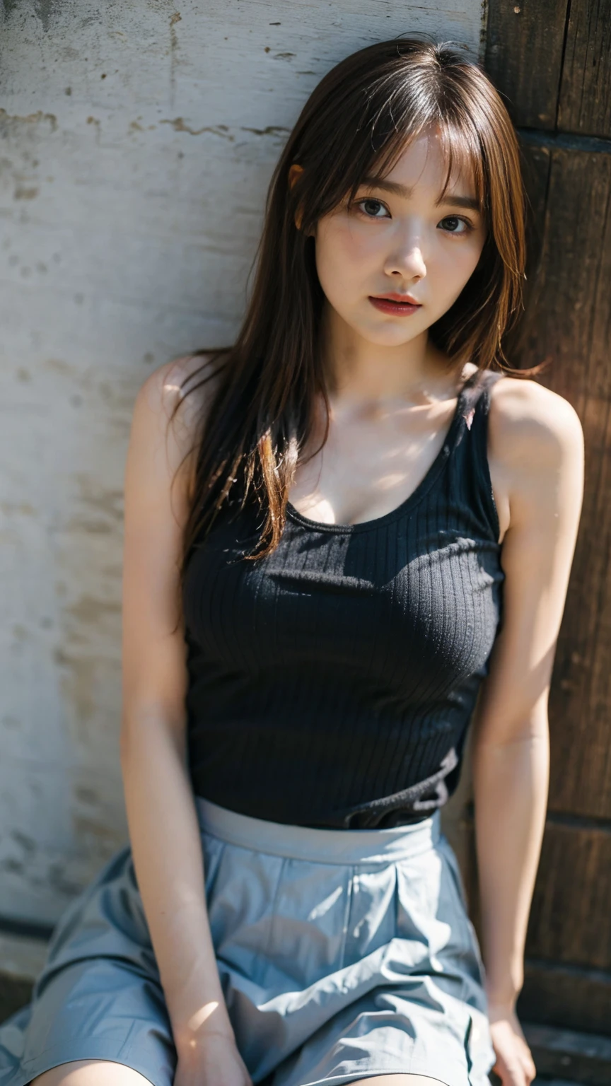 ((1girl)), woman, masterpiece, best quality, highest quality, cinematic lighting, (volumetric lighting), extremely detailed CG unity 8k wallpaper, focused, 8k wallpaper, extremely detailed, ultra realistic, photorealistic, sharp focus, absurdres, (HDR:1.2), (high contrast), photograph, detailed and intricate, instagram, portrait, highly detailed, digital painting, artstation, concept art, smooth, sharp focus, illustration, cinematic lighting, (big breast:1.3), (((skinny, slim legs))), (japanese idol posture), (knit strap tanktop, mini skirt, open shoulder, open chest, cleavage), looking at the viewer, ((indian pose)), ((Medium body shot, hip level shot)), long hair, ((leaning on a wall)), beautiful eyes.