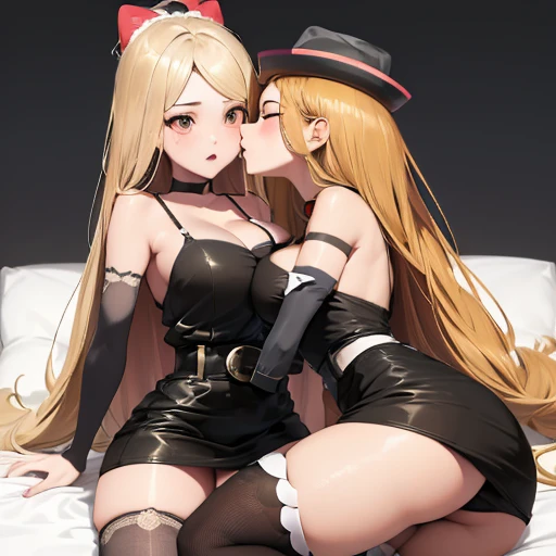 ((having hot lesbian sex in the bedroom. They are kissing, fondling, licking and with so much passion, these brunettes are so damn hot.)),thicc,(masterpiece, best quality:1.4), absurdres, highres, ultra detailed, beautiful, (secretary), (perfect face, detailed face, beautiful:1.3),(natural breasts, cleavage), collarbone, fingerless gloves, gloves,spaghetti strap top, black pencil skirt, tight, over the knee skirt, hat, elegant secretary outfit, thighhighs, thick thighs, thighs, multiple belts, More detailed 8K.motor irreal:1.4,UHD,La mejor calidad:1.4, fotorrealista:1.4, textura de la piel:1.4, obra maestra:1.8,obra-prima, mejor calidad,objeto Objeto], (detailed face features:1.3),(manos detailed)