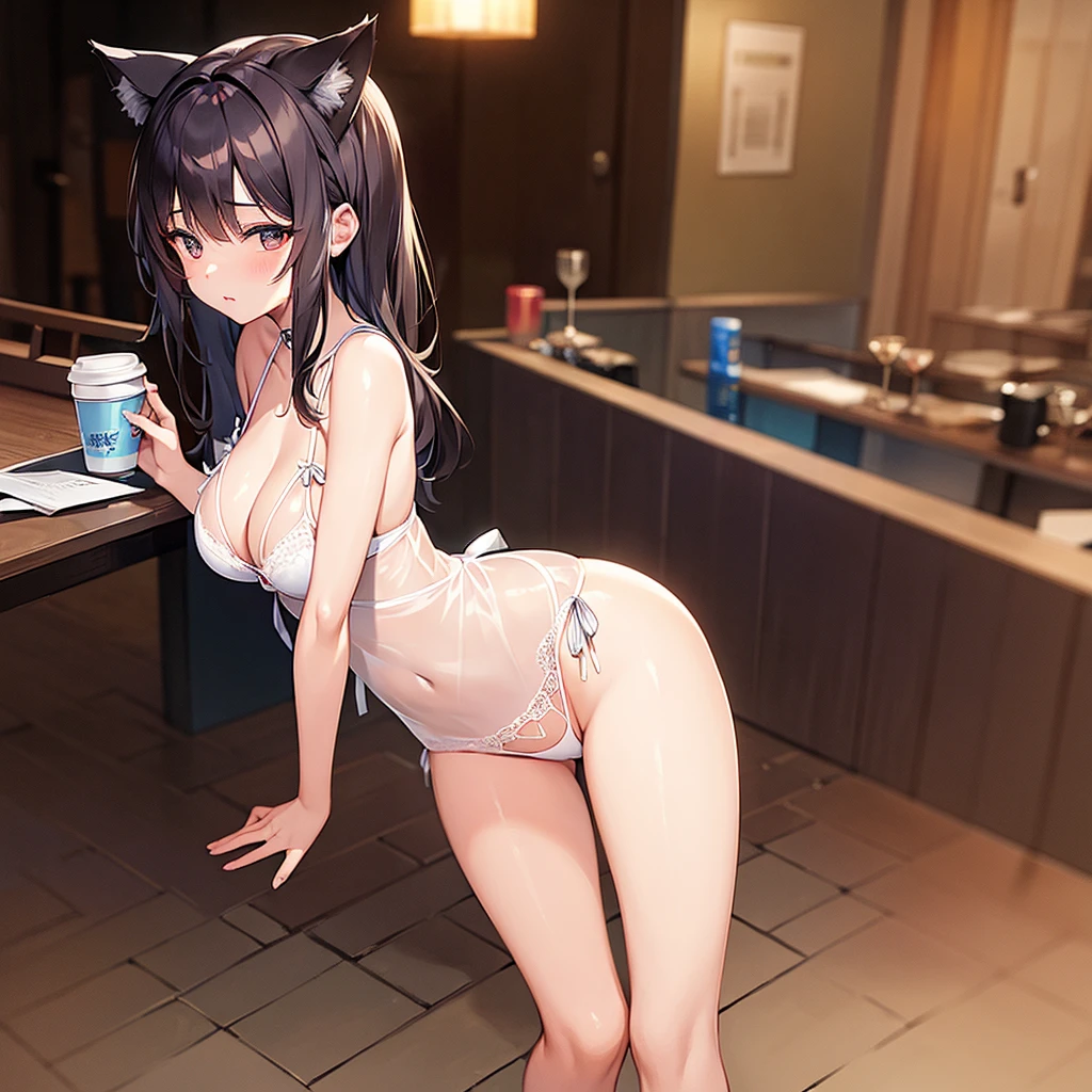 One adult young woman with cat ears in very transparent lingerie handing cup of coffee