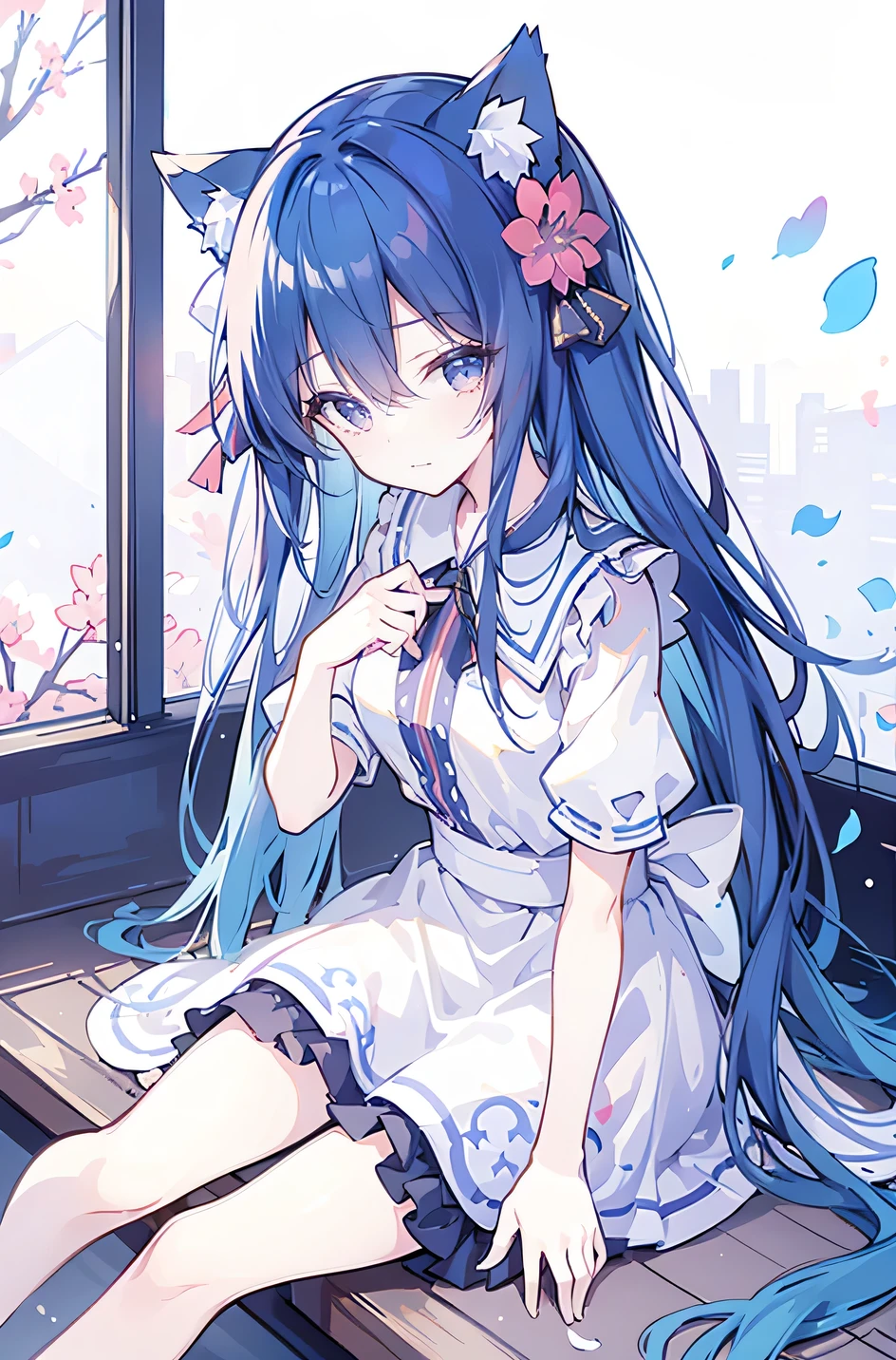 （masterpiece：1.2），Super detailed，lifelike，Expressive eyes，fair skin，perfect face shape，1 girl，
Japanese comics,Gorgeous blue hair,flowing blue hair,flowing clothes,Cat ears,Petals fall,beautiful lola,Baby Angel,
Shaking head with one hand，Cross your legs，，The pavilion is cool and comfortable,smile,back views,sunrise,Petals fall,sunrise，sitting on window sill drinking coffee and looking out the window。