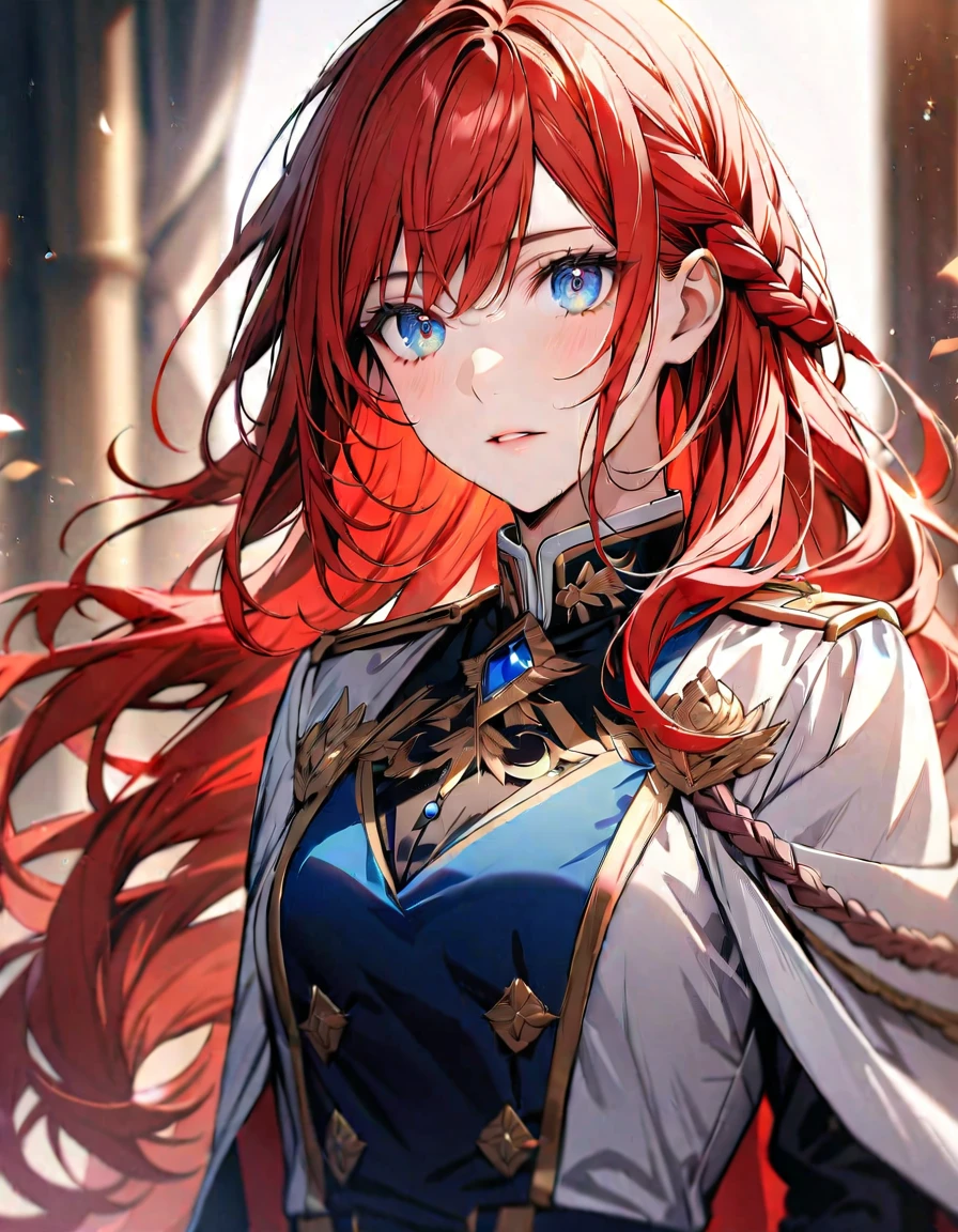 (Highest quality), (Very detailed),so beautiful, female, red hair, detailed blue eyes, handsome, noble uniform, beautiful detailed eyes, long hair,braided hair