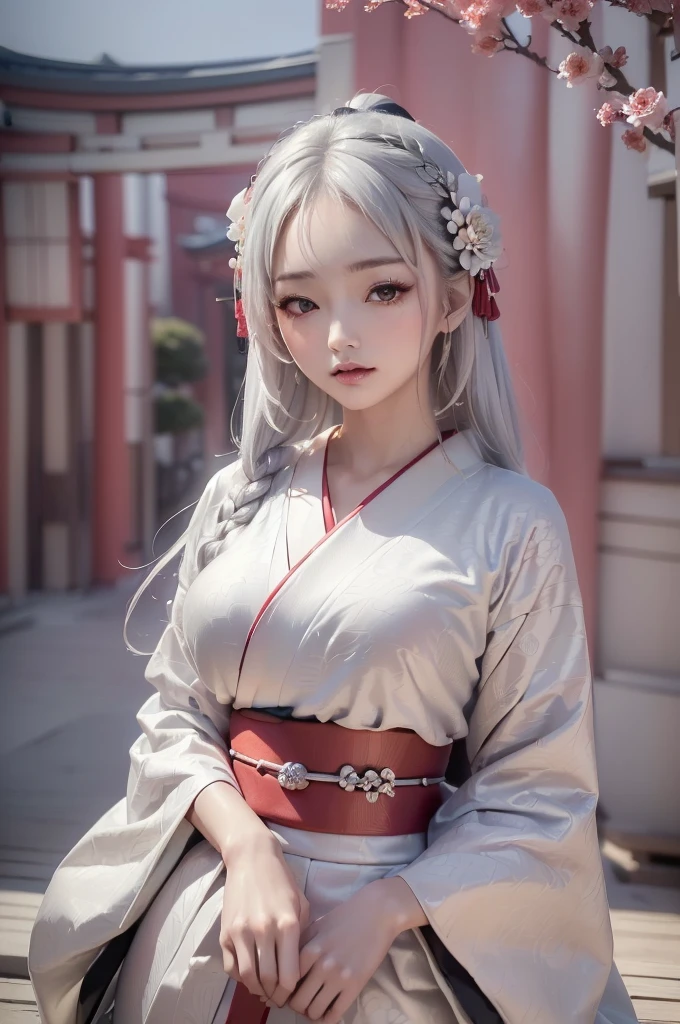((masterpiece:1.5,Highest quality,Beautiful images、Abstract、artistic、)(One person, solo)(large breasts, Silver Hair、Long Hair、kimono, japanese cloth,Flower pattern kimono、Black and red kimono)(Profile portrait,Look at me sideways、Look at an angle、shake your head、Sad look,)(Beautiful background)((from the front:1.3)).face, style