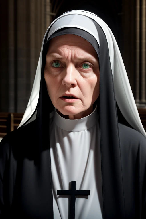 A nun with red hair and green eyes clad in gray clothes stands frightened in the cathedral, her semi-transparent habit revealing delicate outlines. her thin glossy lips quiver in fear as her detailed eyes express a deep sense of disturbance. The multiple angles of this 1.2 full body photo show her wavering figure, one angle highlighting her scared face with a trembling chin, another revealing the intricate design of her habit, and yet another capturing the detailed expression of her terrified gaze. The play of light and shadow in the cathedral accentuates her thin frame and the transparency of her clothes, adding to the eerie and suspenseful atmosphere. The photo is of the highest quality