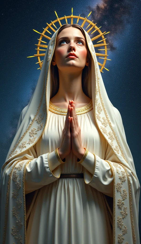 (((Virgin Mary. 19 Orinetic Style))) ((( With a serious and reverent look. With a sweet and gentle look))) (masterpiece, Superior Quality, Highest quality, Official Art, Beautiful and aesthetic: 1.2), (One person), Very detailed, (Fractal Art: 1.3), colorful, Most detailed, Perfect Face, Upper Body, High resolution, (pray: 1.3), (Gold lines on a white coat: 1.2), Milky Way, (Stripes of light), Eye-catching visuals, (Dynamic Stripes, Path of Light: 1.2), Bright colors,